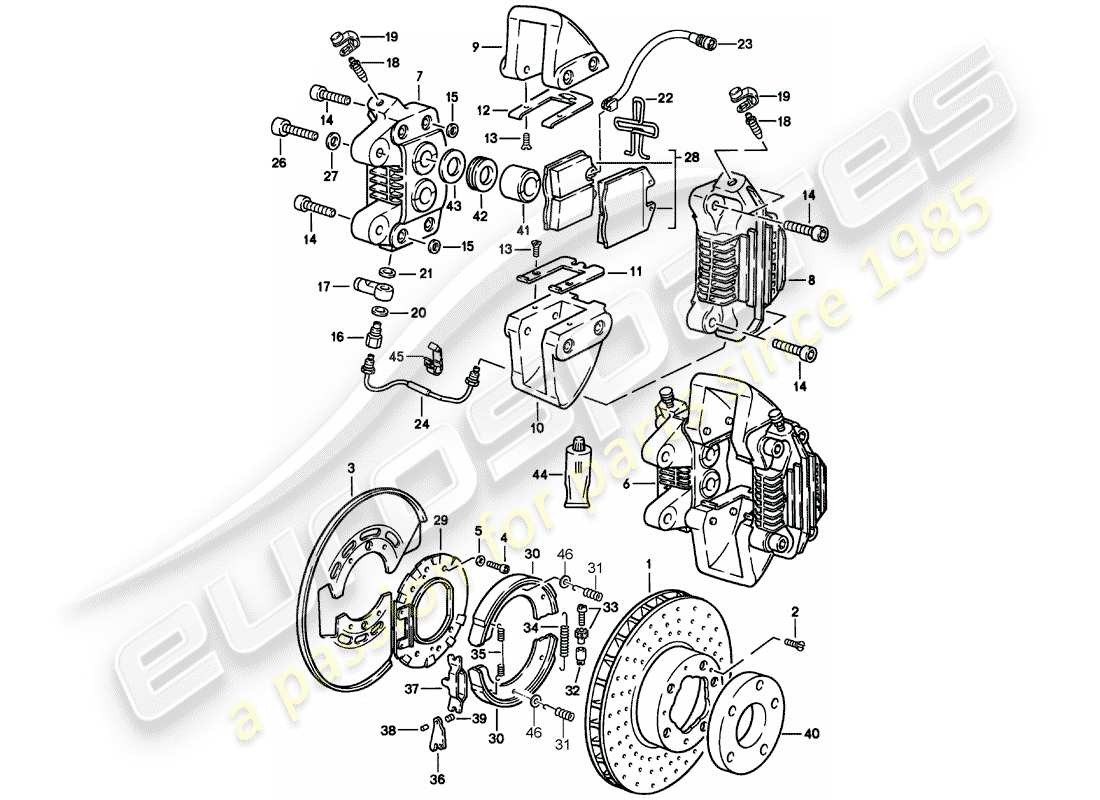 porsche 1986 (911) scheibenbremsen - hinterachse teilediagramm
