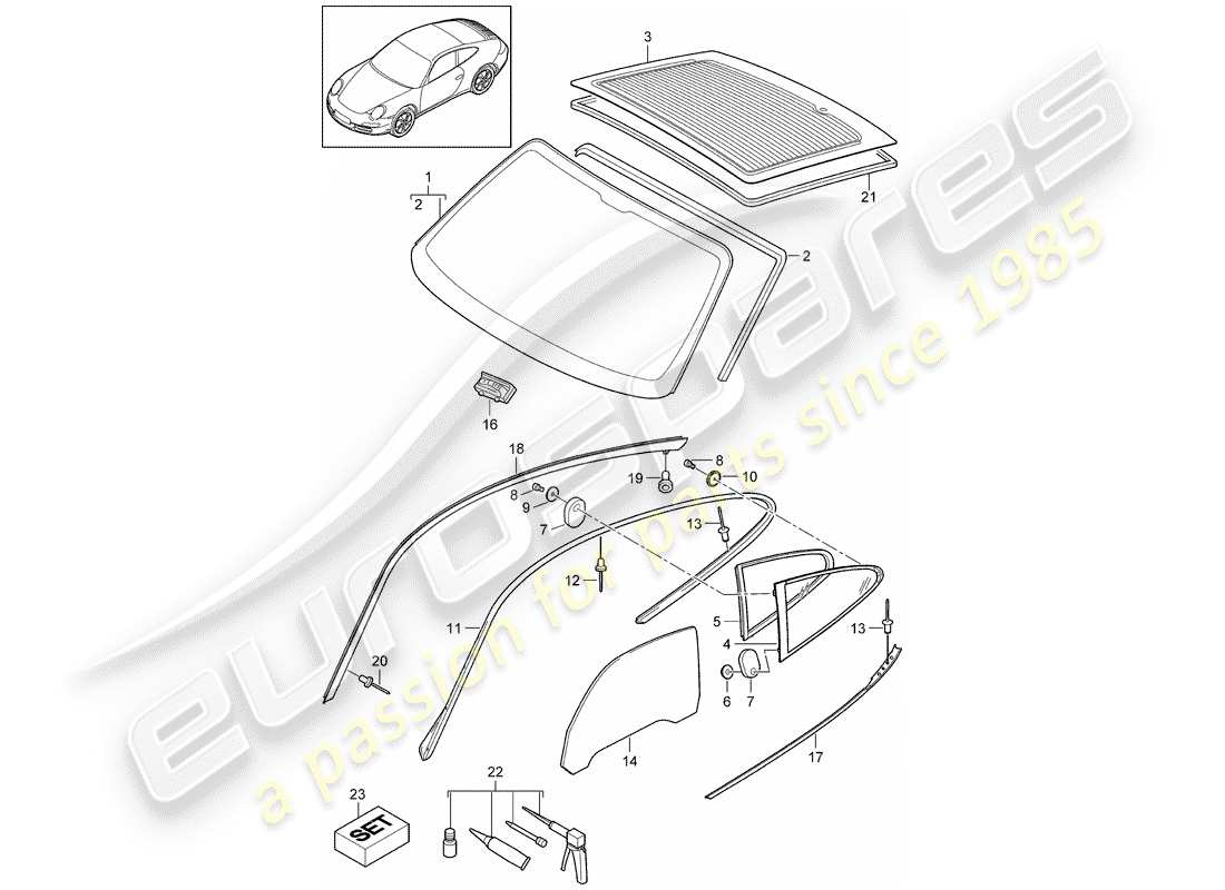 porsche 2009 (997-2) fensterverglasung ersatzteildiagramm