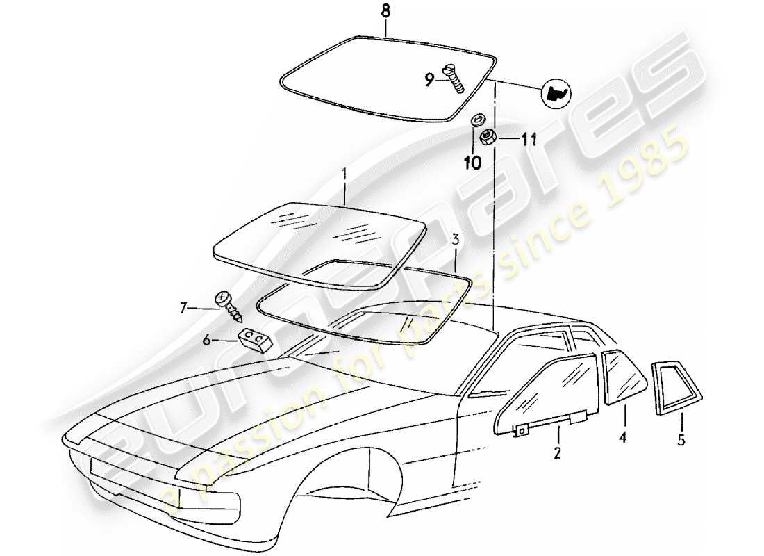 porsche 1985 (924) fensterverglasung ersatzteildiagramm