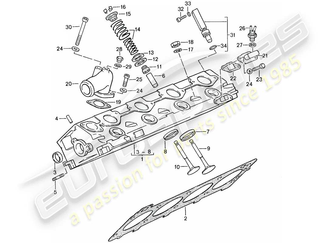 porsche 1989 (944) zylinderkopf - ventile teilediagramm