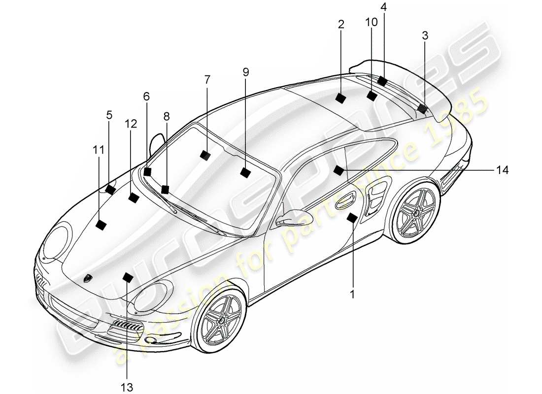 porsche 2007 (997-1 turbo / gt2) zeichen/hinweise teilediagramm