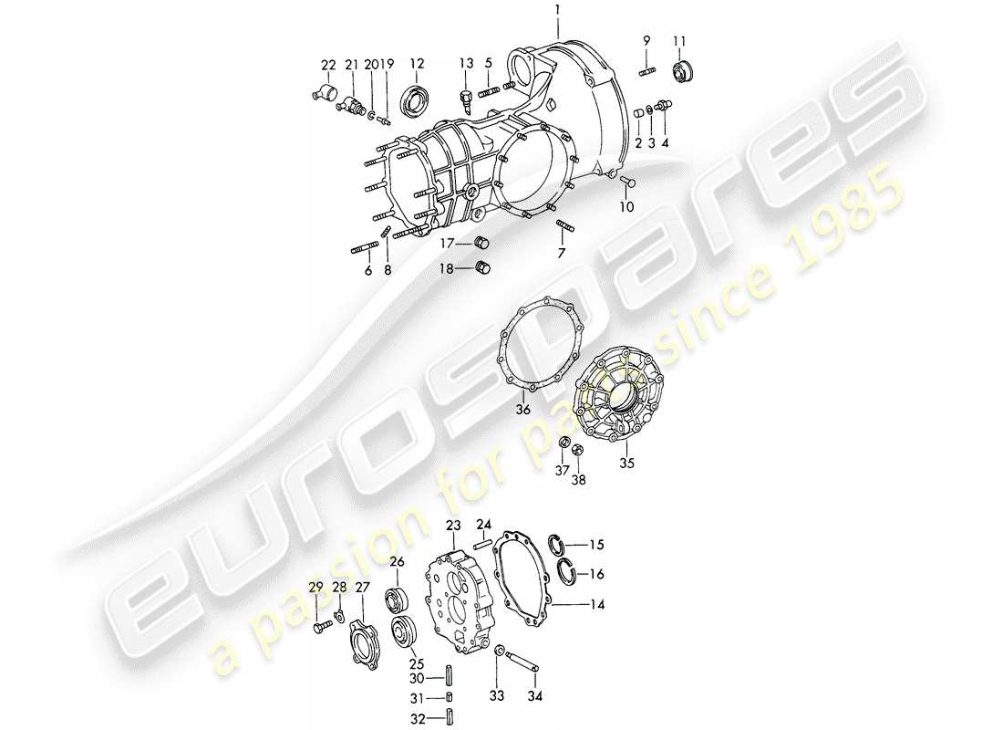 porsche 1966 (911/912) ersatzgetriebe - getriebegehäuse - kaltguss teilediagramm