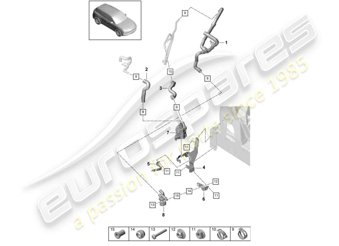 porsche 2019 (cayenne e3 9ya/9yb) heizgerät v6 niedertemperaturkreislauf links vorn für fahrzeuge mit hybridantrieb teilediagramm