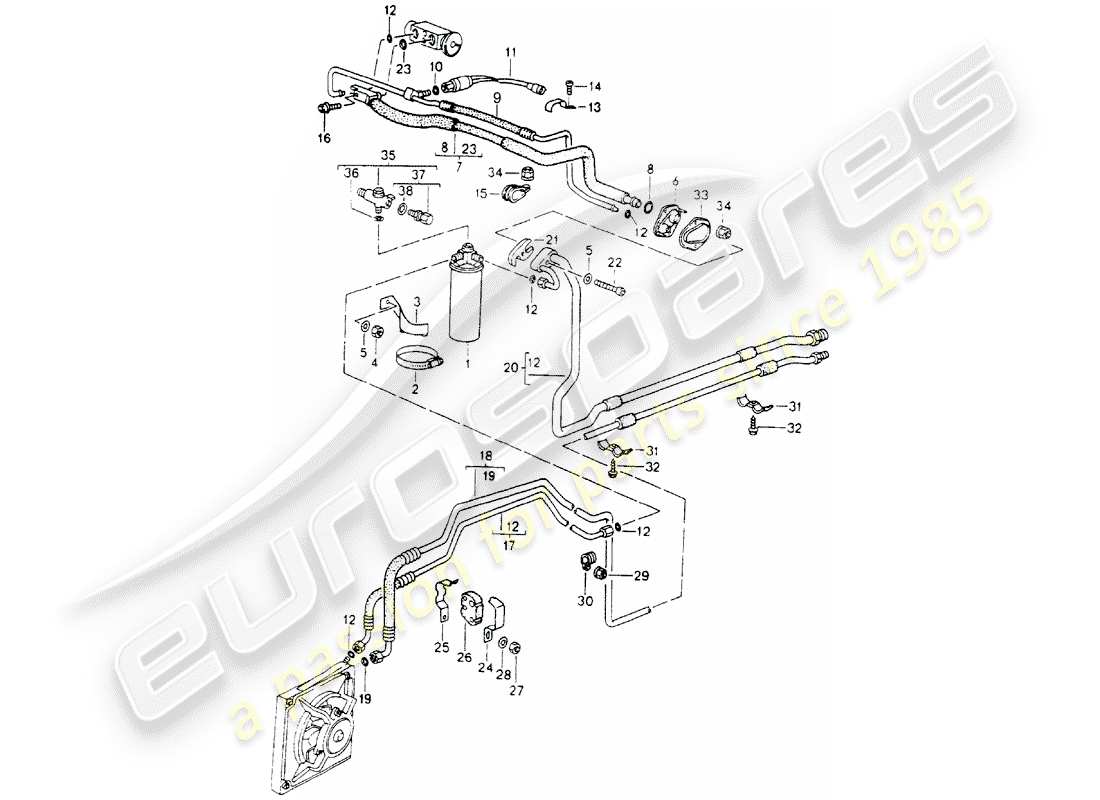 porsche 1990 (964) kältemittelkreislauf teilediagramm