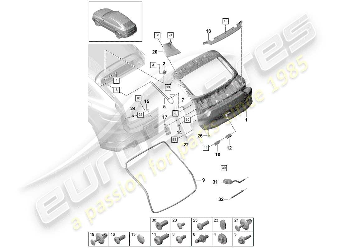 porsche 2019 (cayenne e3 9ya/9yb) hinterer kofferraumdeckel - teilediagramm