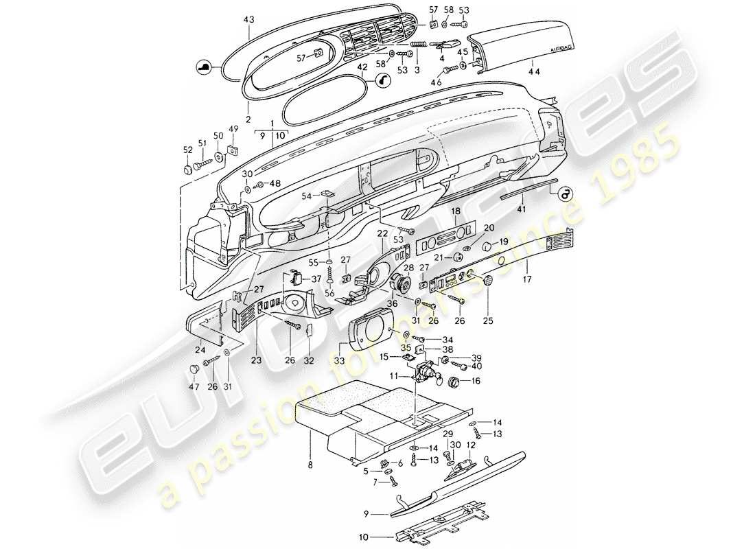 porsche 1992 (968) armaturenbrettverkleidung - ersatzteildiagramm