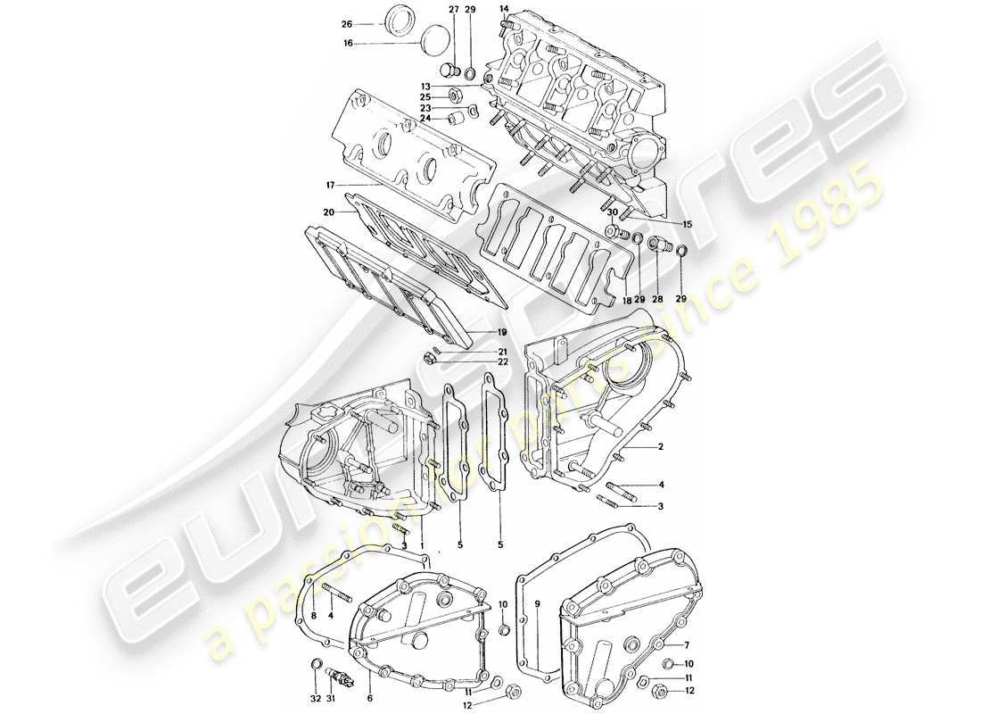 porsche 1975 (911 turbo) kettengehäuse - nockenwellengehäuse ersatzteildiagramm