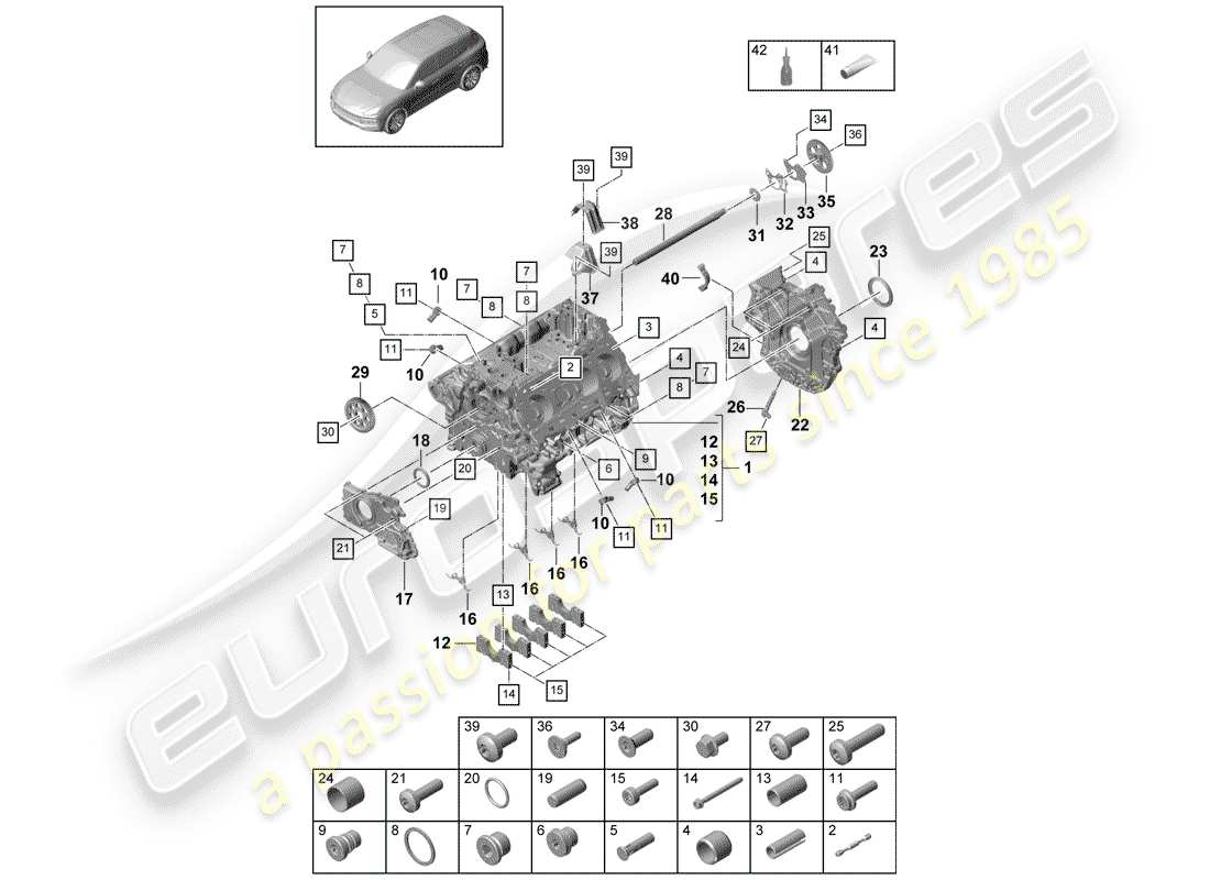 porsche 2018 (cayenne e3 9ya/9yb) kurbelgehäuse-teilediagramm