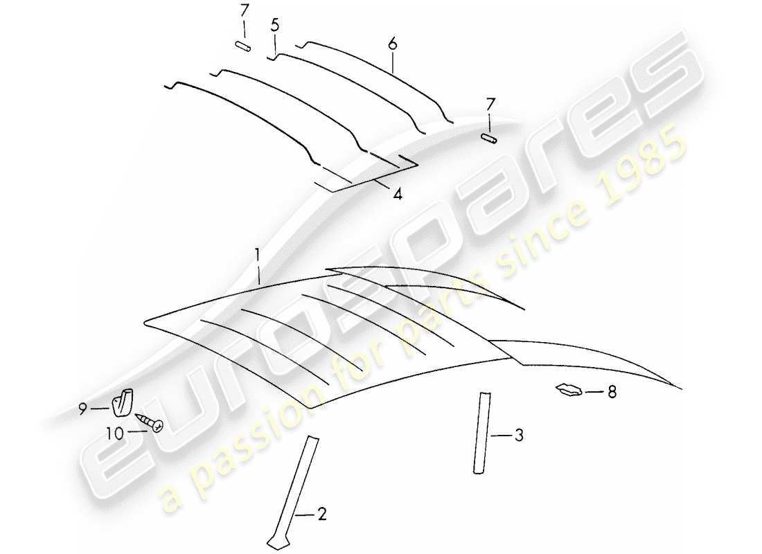 porsche 1970 (911) innenausstattung - dach teilediagramm