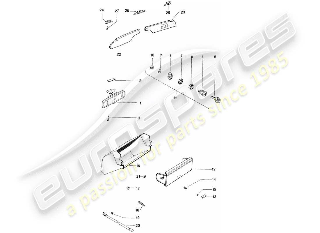 porsche 1973 (914) innenspiegel - handschuhfach - sonnenblende ersatzteildiagramm