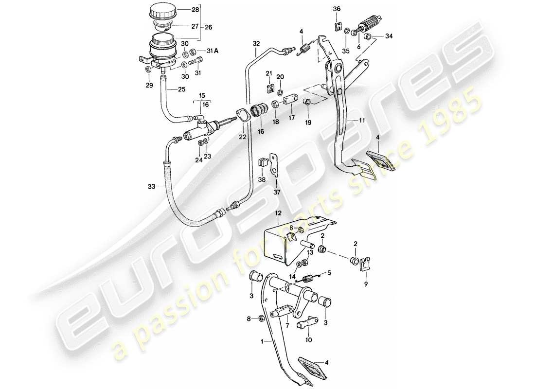 porsche 1986 (924s) bremse - kupplung - pedale ersatzteildiagramm