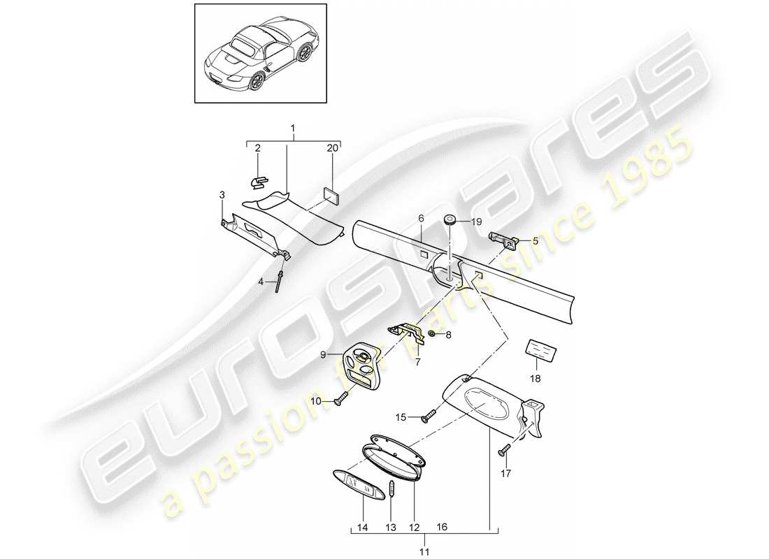 porsche 2006 (987 boxster) windschutzscheibenrahmen ersatzteildiagramm