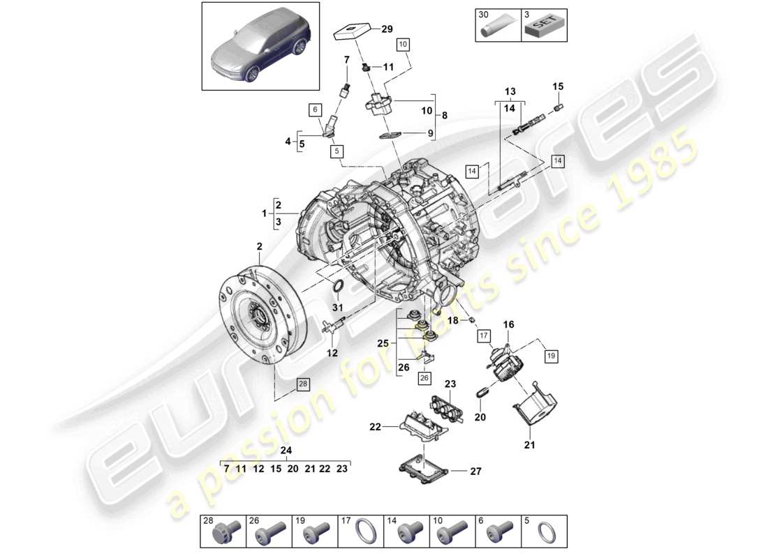 porsche 2018 (cayenne e3 9ya/9yb) fahrmotor für elektroantrieb für fahrzeuge mit hybridantrieb ersatzteilzeichnung