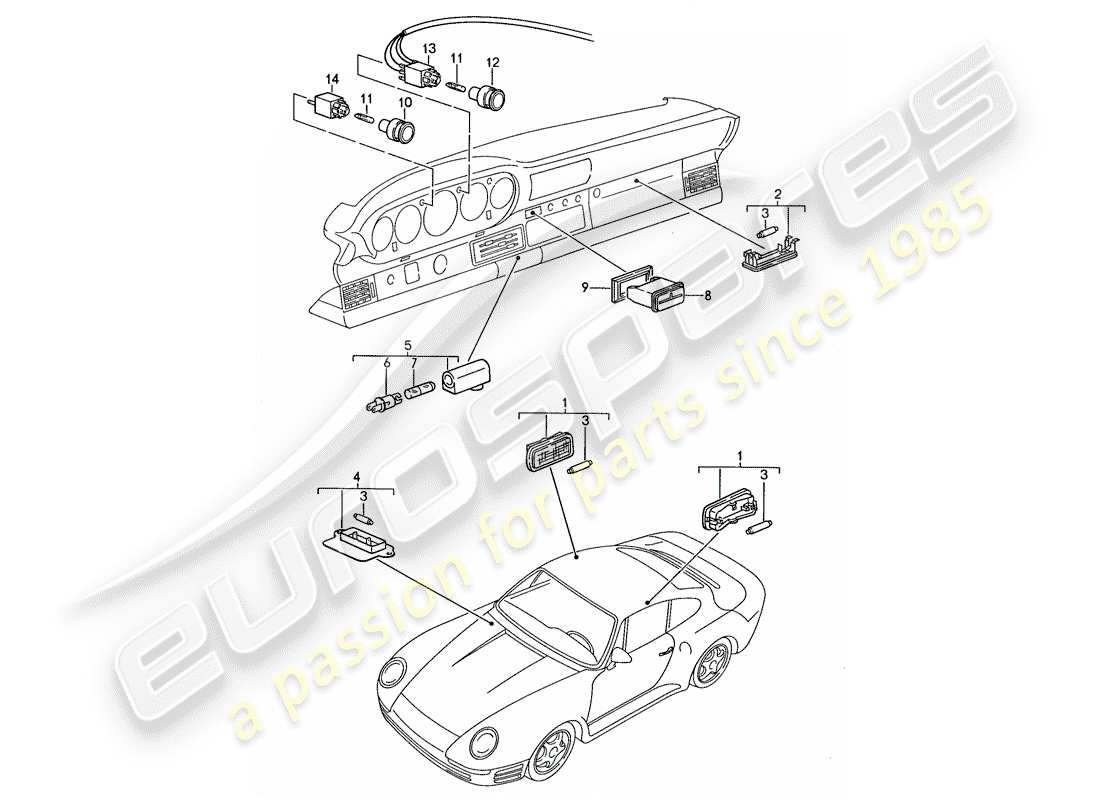 porsche 1987 (959) warnleuchten - innenbeleuchtung ersatzteildiagramm