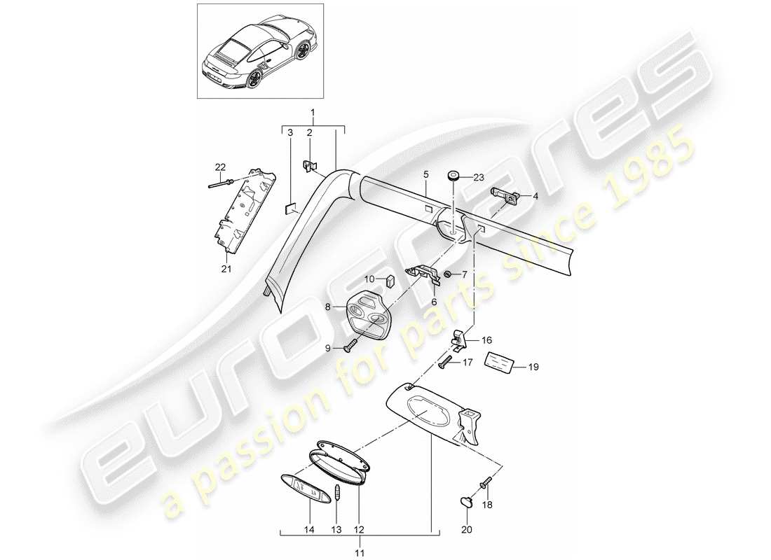 porsche 2008 (997-1 turbo / gt2) a-säule teilediagramm
