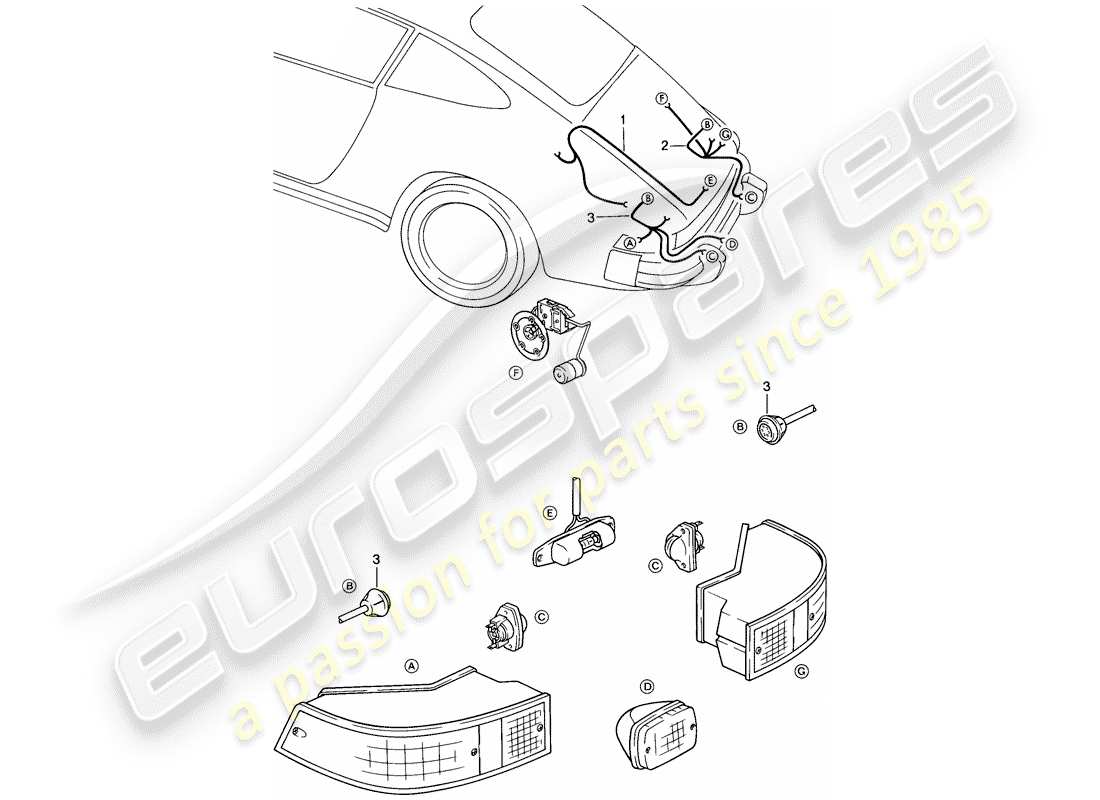 porsche 1985 (911) kabelbäume - motorraumleuchte - rücklicht ersatzteildiagramm