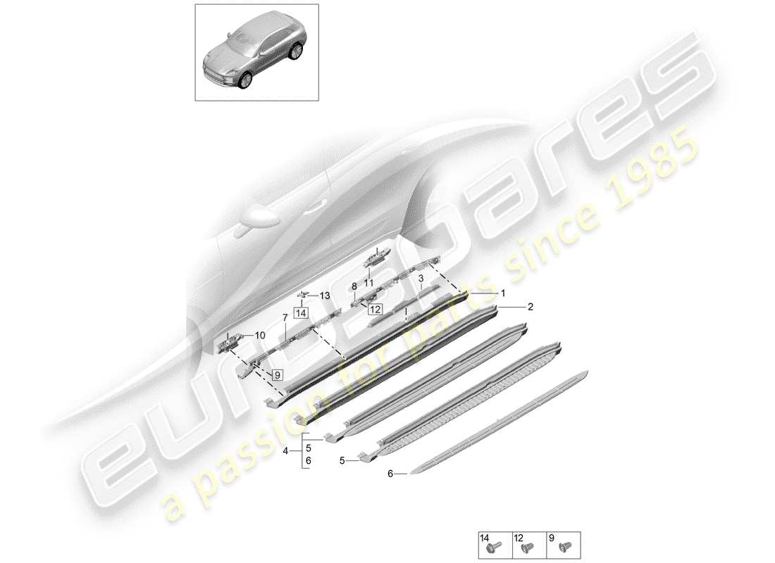 porsche 2019 (macan) seitenträgerverkleidung teilediagramm