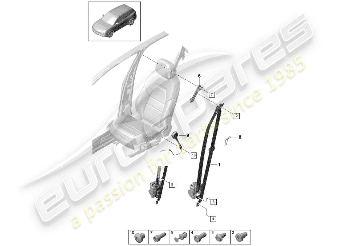 porsche 2019 (cayenne e3 9ya/9yb) dreipunkt-sicherheitsgurt – teilediagramm