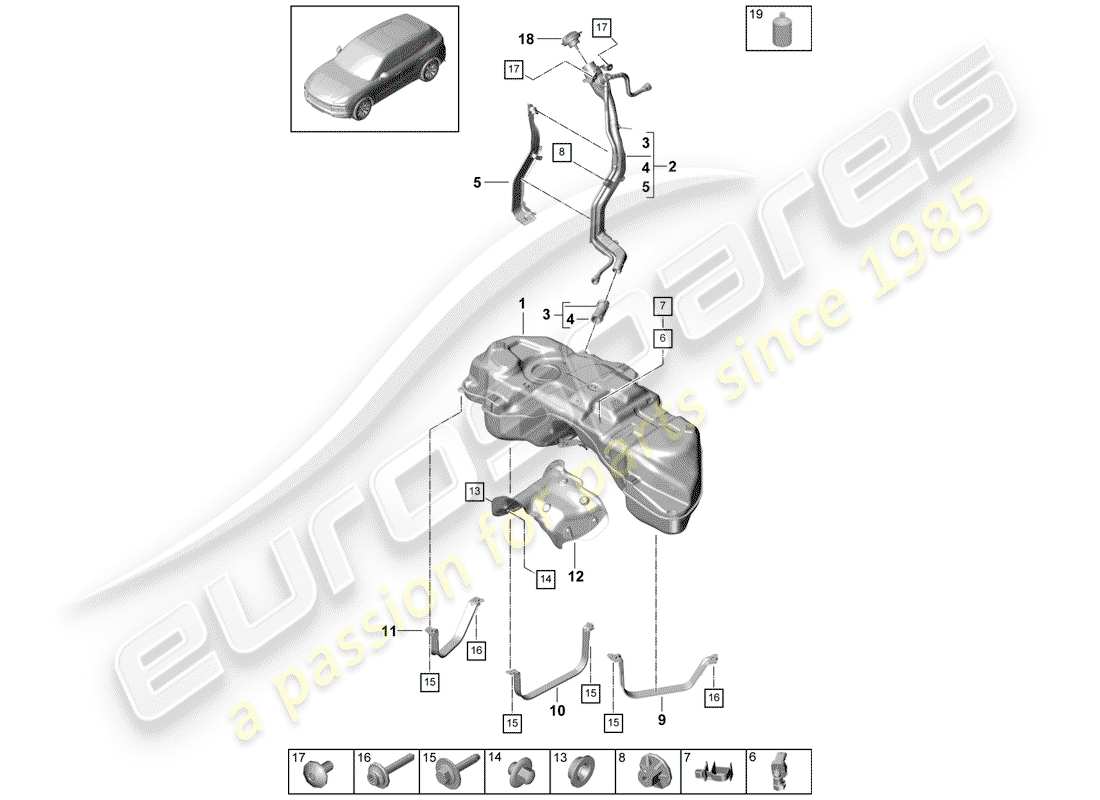 porsche 2018 (cayenne e3 9ya/9yb) kraftstofftank mit ersatzteildiagramm