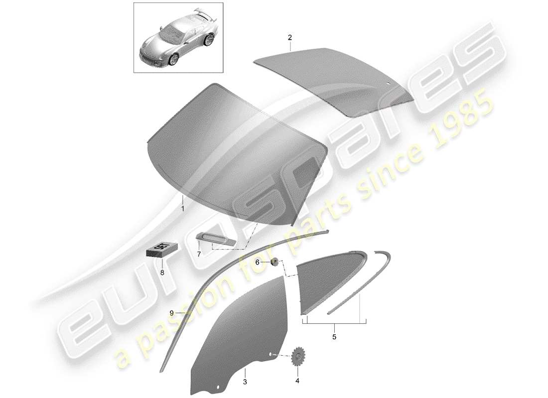 porsche 2020 (991-2 r/gt3/rs) windschutzscheibenglas ersatzteildiagramm