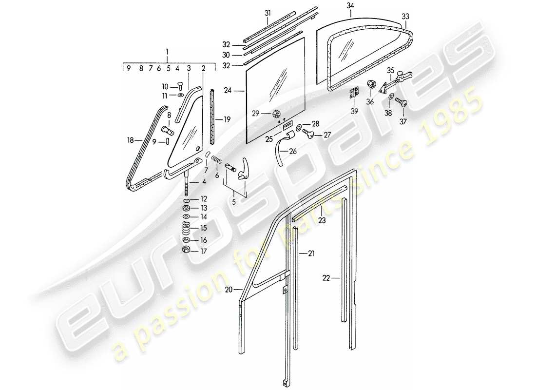 porsche 1950 (356/356a) seitenfenster - türfenster ersatzteildiagramm