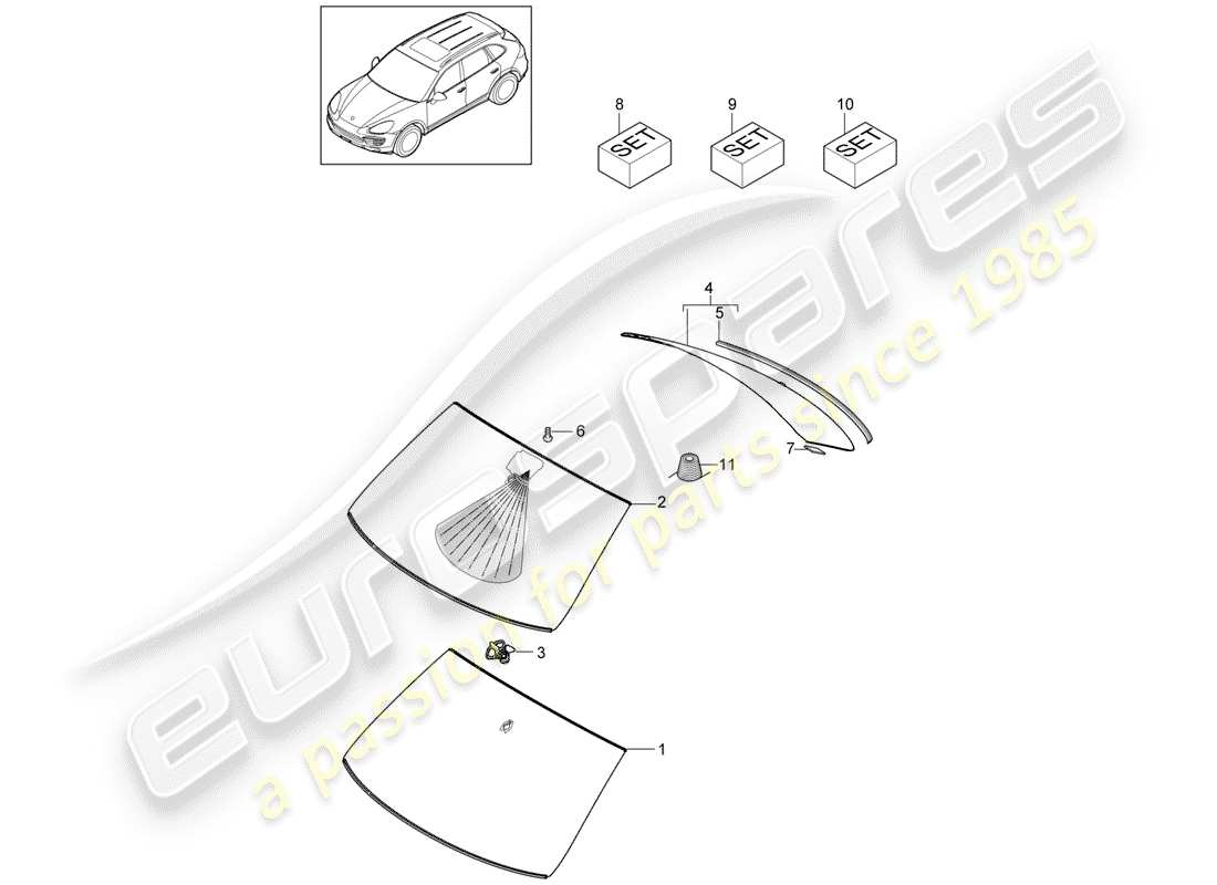 porsche 2014 (cayenne e2 92a) fenstergläser ersatzteildiagramm