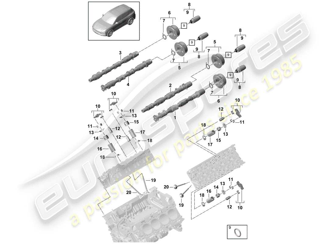 porsche 2018 (cayenne e3 9ya/9yb) nockenwelle, ventile ersatzteildiagramm