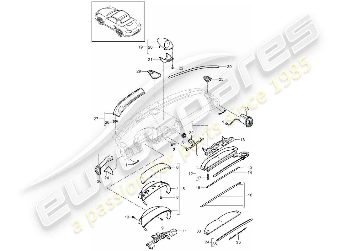 porsche 2011 (987 boxster) armaturenbrettverkleidung - ersatzteildiagramm