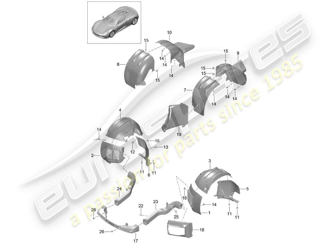 porsche 918 spyder (2015) wheelhouse protector ersatzteildiagramm