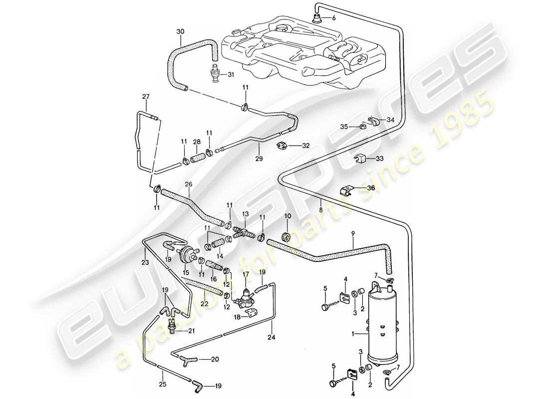 porsche 1991 (944) verdunstungsbehälter - teilediagramm