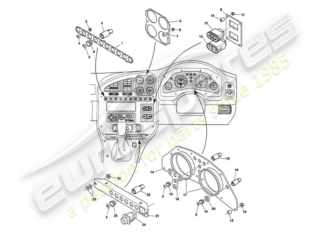 aston martin v8 volante (1999) teilediagramm für instrumente und bedienelemente