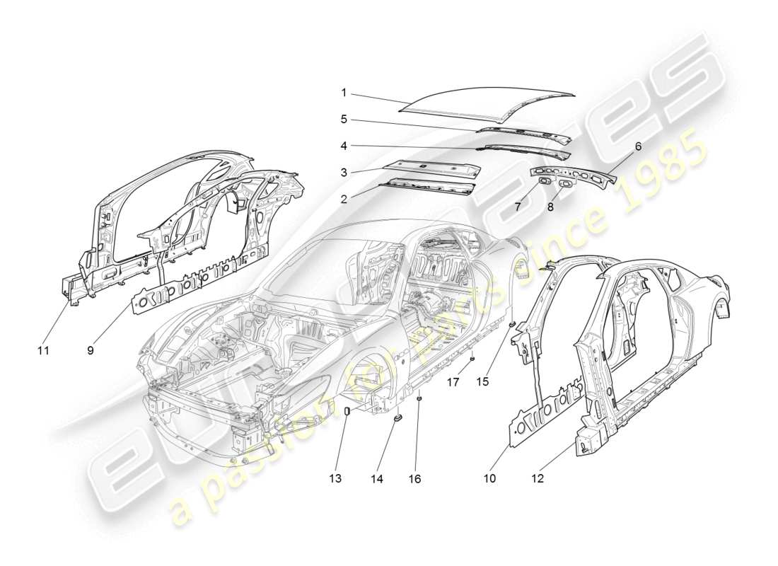 maserati granturismo (2008) karosserie und mittlere aussenverkleidung teilediagramm