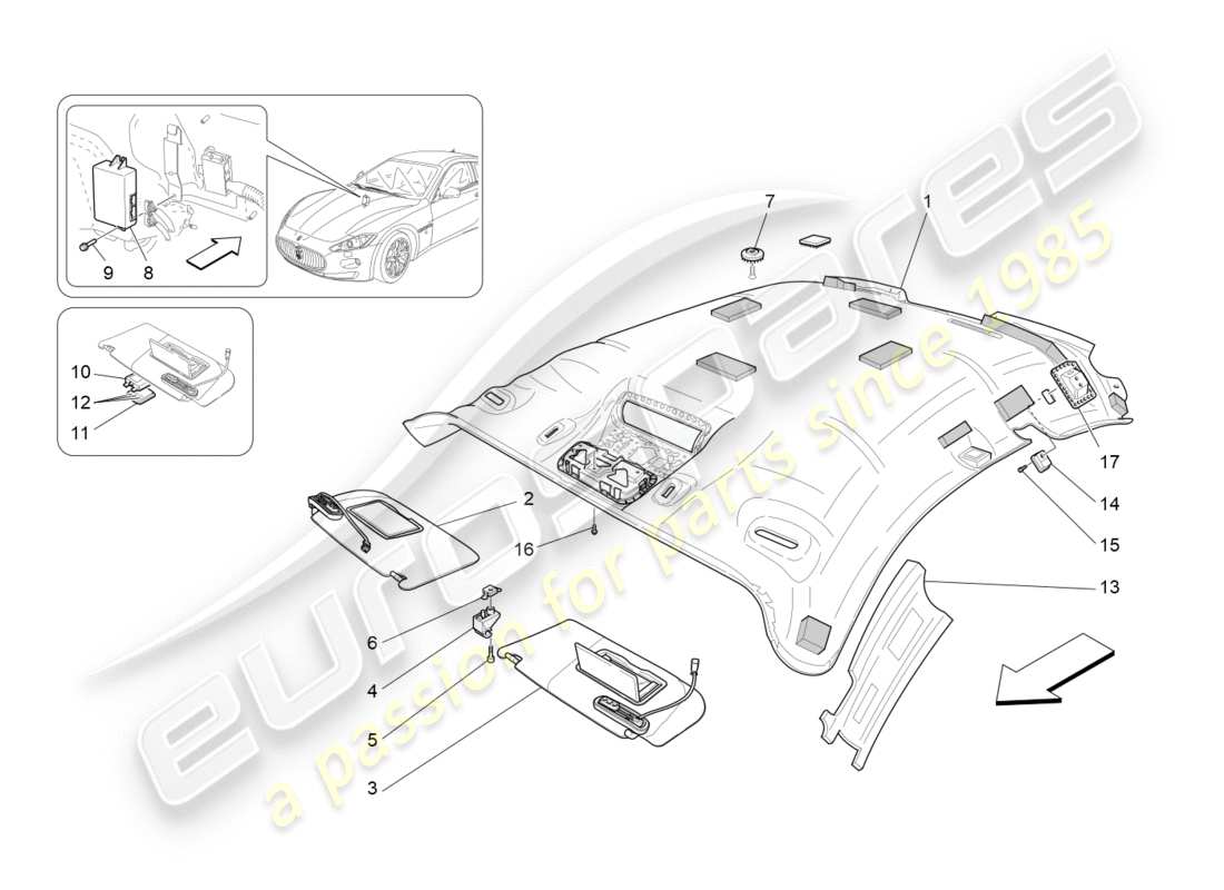 maserati granturismo (2012) dach- und sonnenblenden ersatzteildiagramm