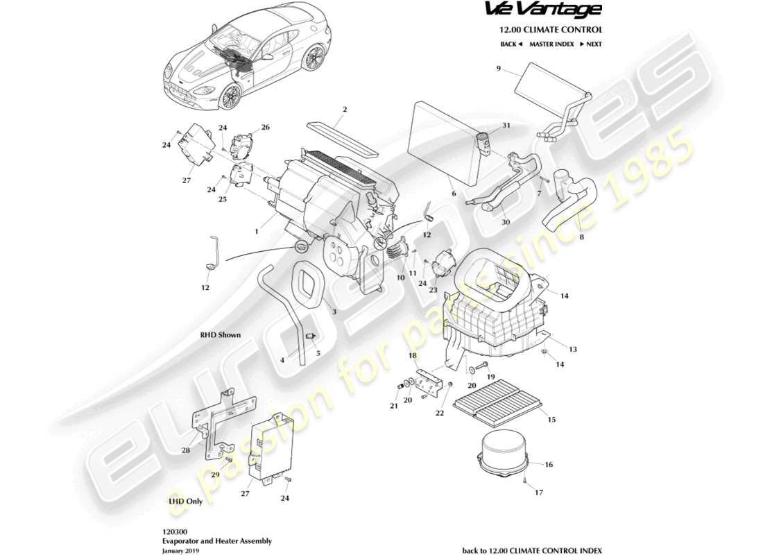 aston martin v12 vantage (2011) teilediagramm für verdampfer und heizung