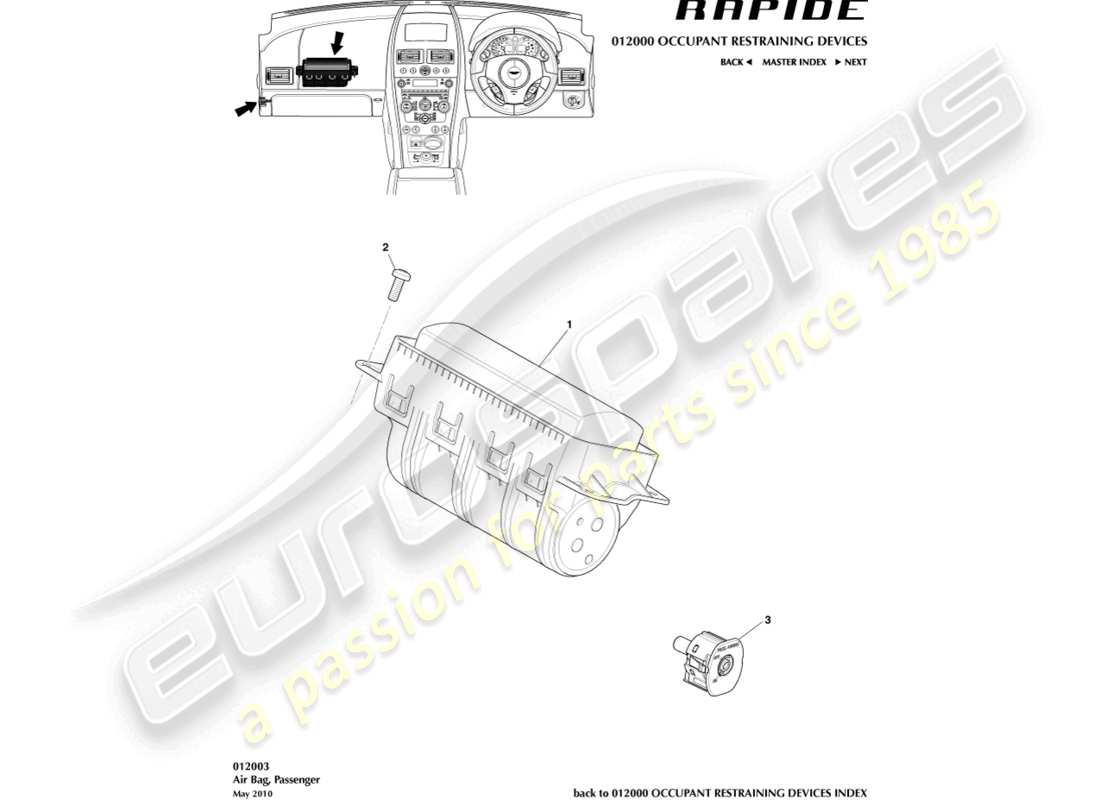 aston martin rapide (2011) airbag, beifahrerteildiagramm