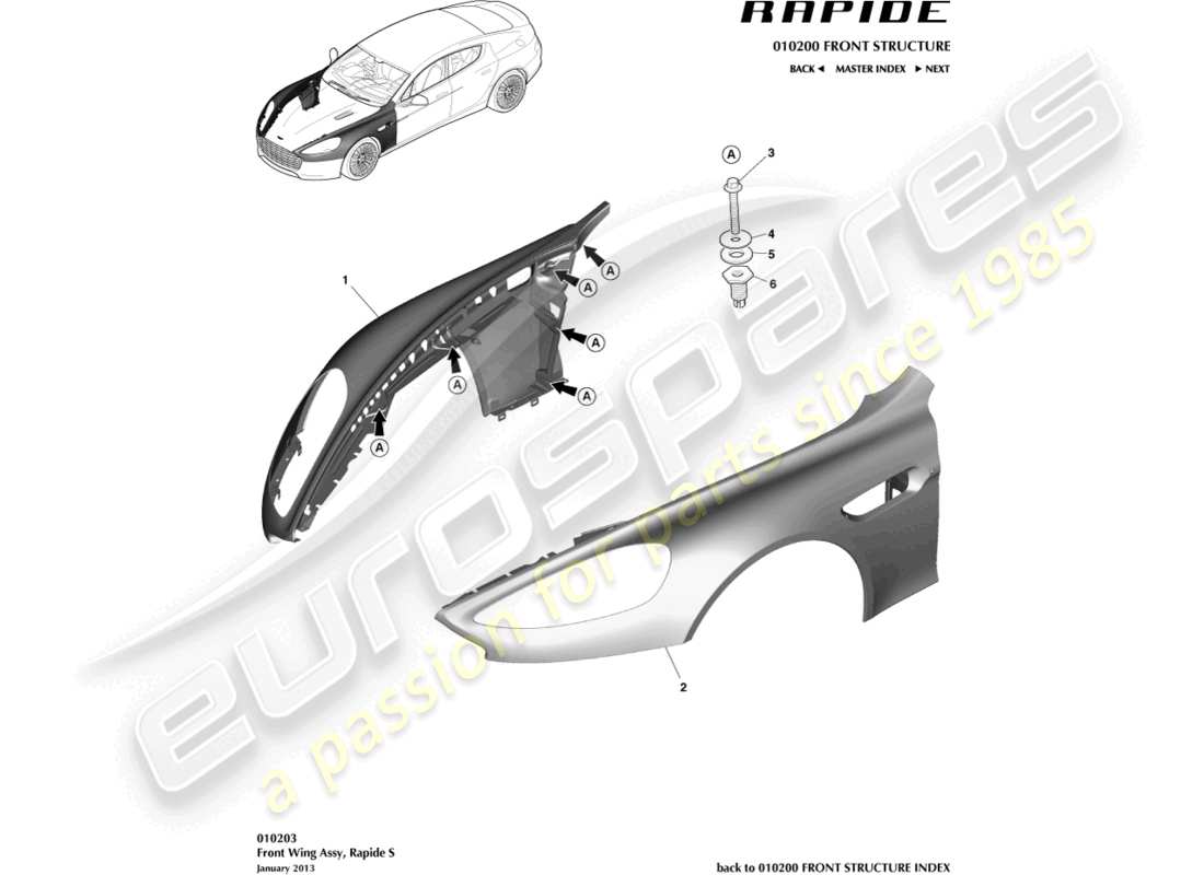 aston martin rapide (2011) vordere kotflügel, s-teilediagramm