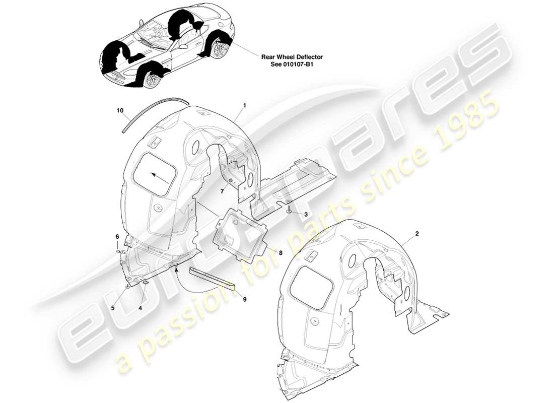 aston martin v8 vantage (2005) teilediagramm für vordere radkästen