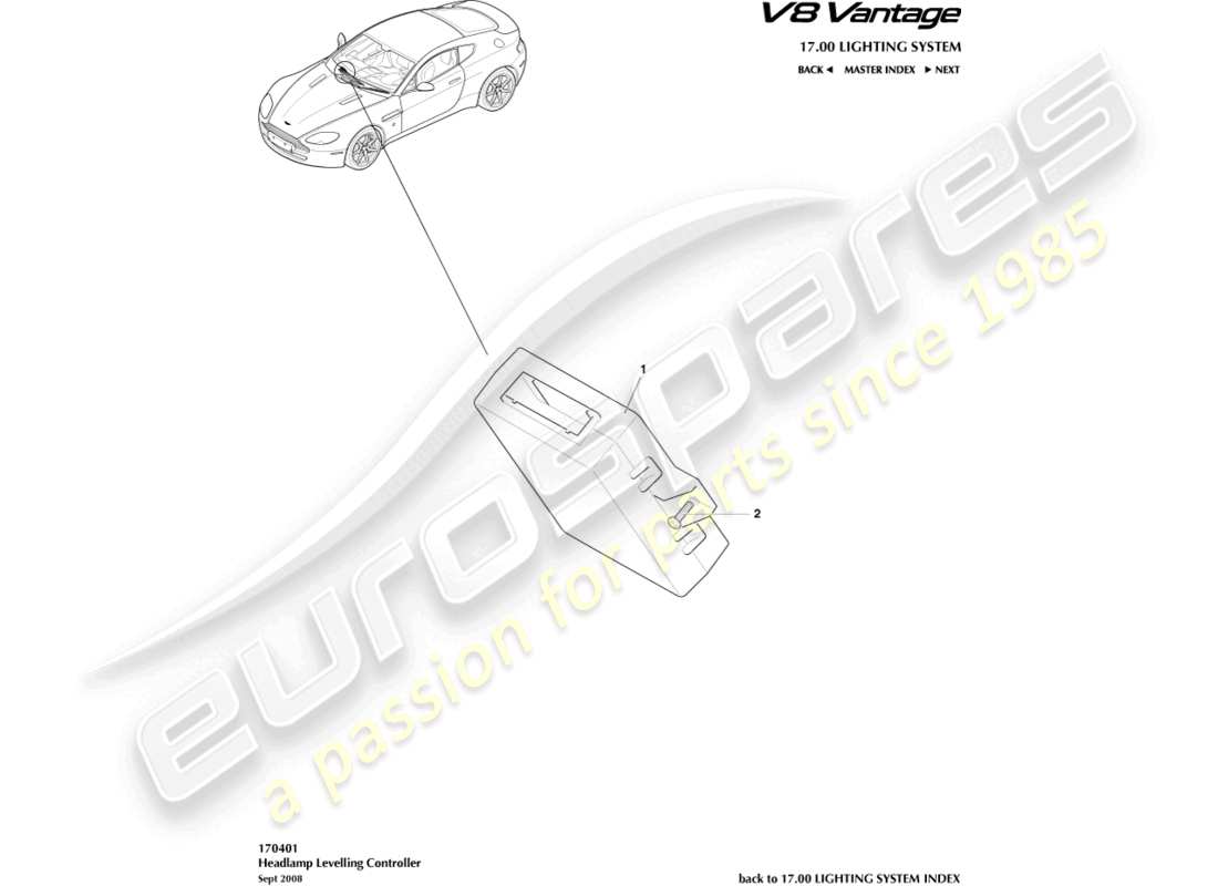 aston martin v8 vantage (2015) teilediagramm des scheinwerfer-niveauregulierungsreglers