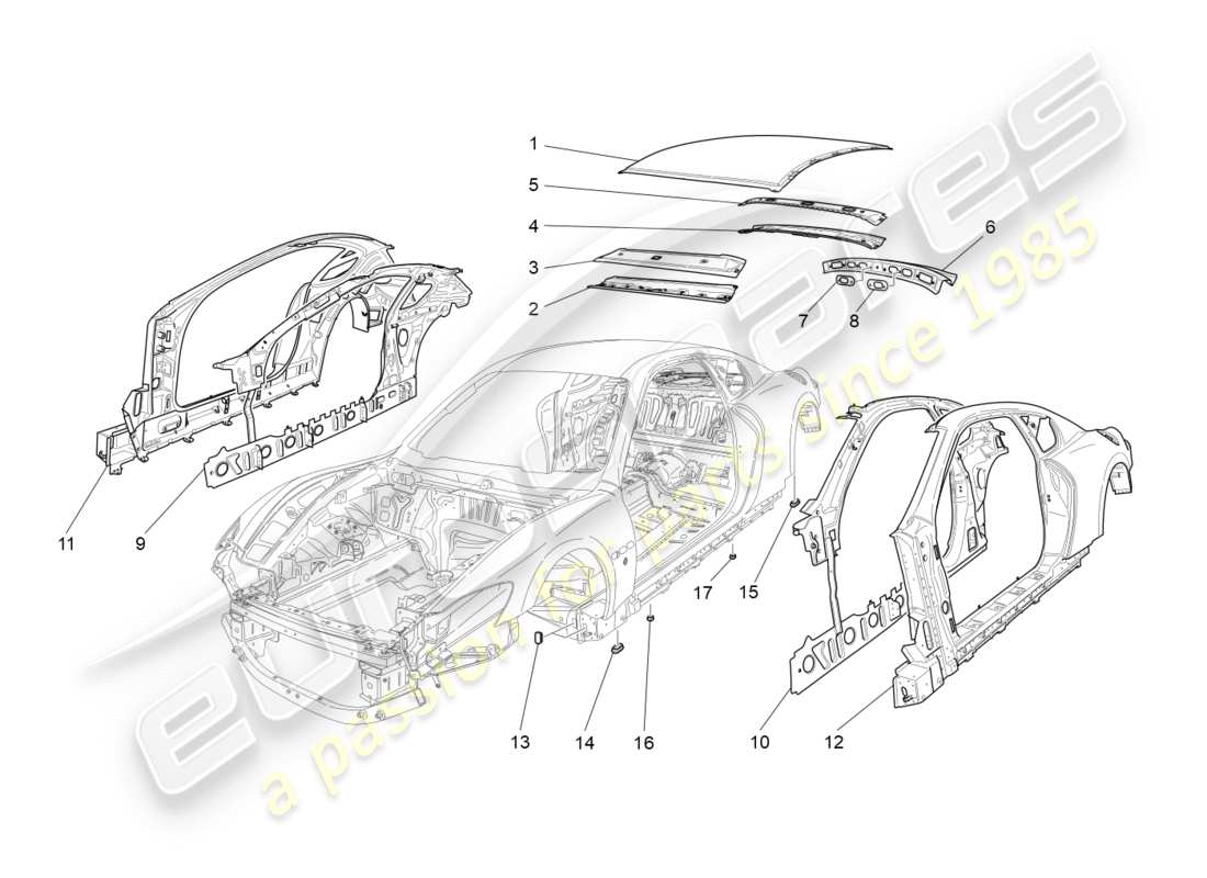 maserati granturismo (2012) karosserie und mittlere aussenverkleidung teilediagramm