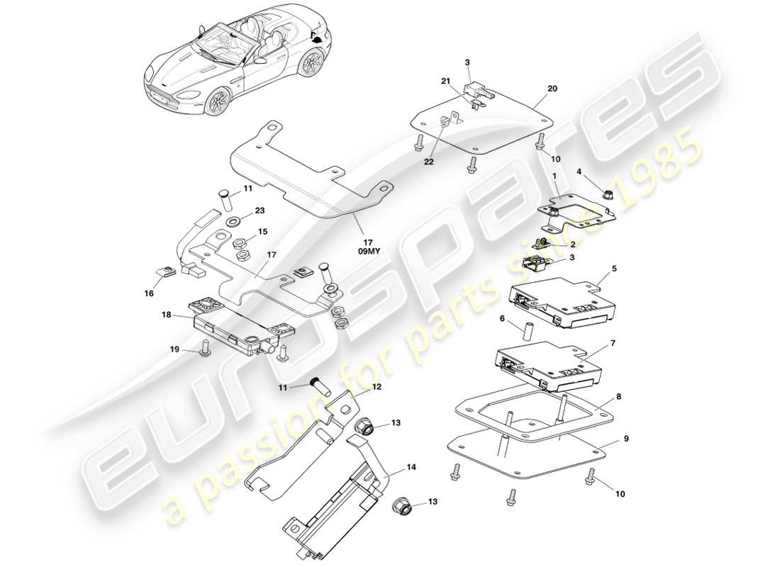 aston martin v8 vantage (2005) heck- und bildschirmantenne, roadster-ersatzteildiagramm