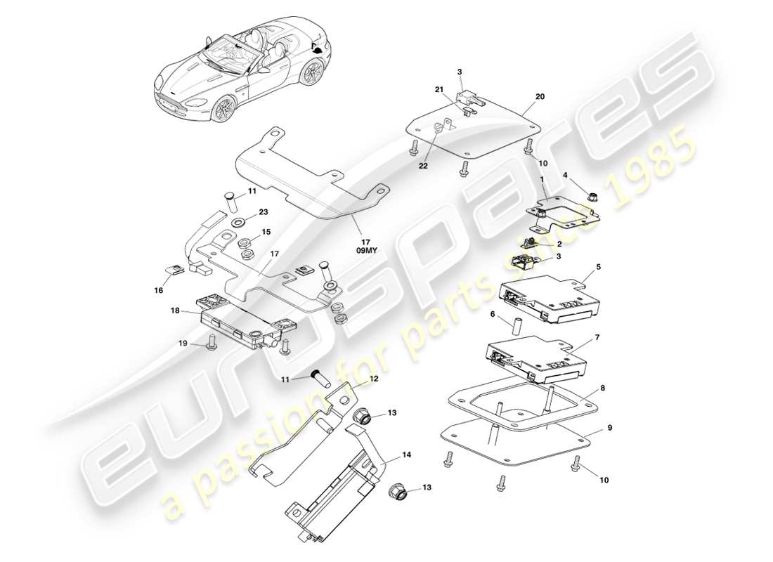 aston martin v8 vantage (2007) heck- und bildschirmantenne, roadster-ersatzteildiagramm