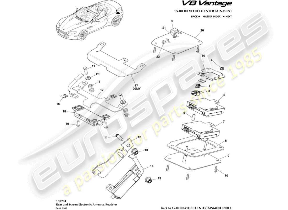 aston martin v8 vantage (2010) heck- und bildschirmantenne, roadster-ersatzteildiagramm