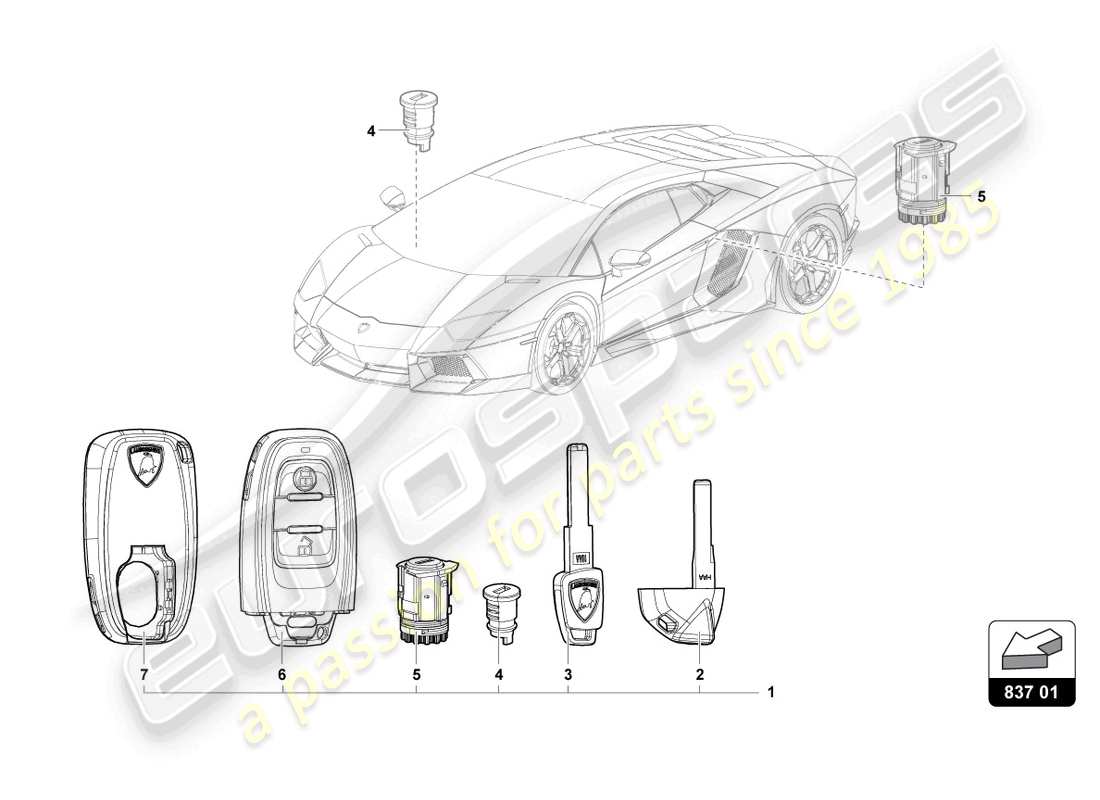 lamborghini lp720-4 roadster 50 (2014) schlosszylinder mit schlüssel ersatzteildiagramm