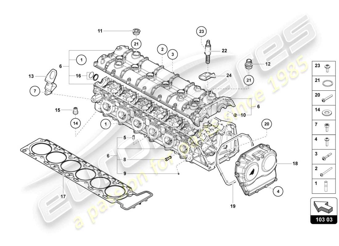 lamborghini sian (2020) zylinderkopf mit bolzen und zentrierhülsen ersatzteildiagramm