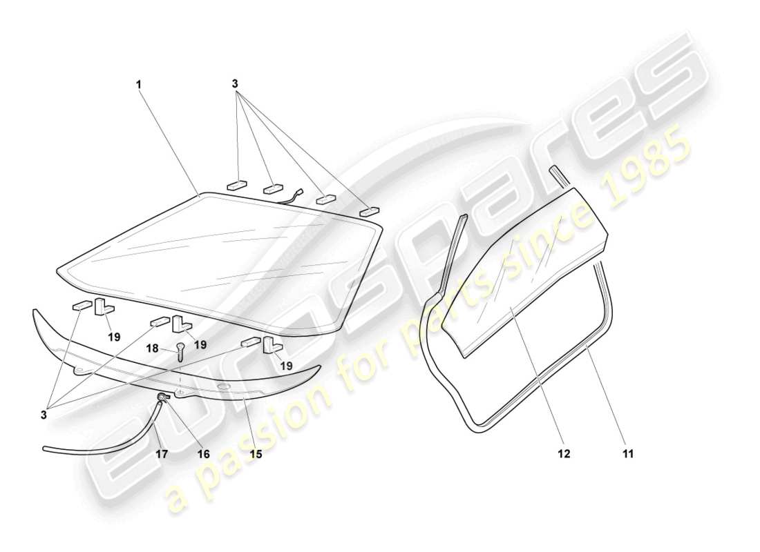 lamborghini murcielago roadster (2005) fenstergläser ersatzteildiagramm