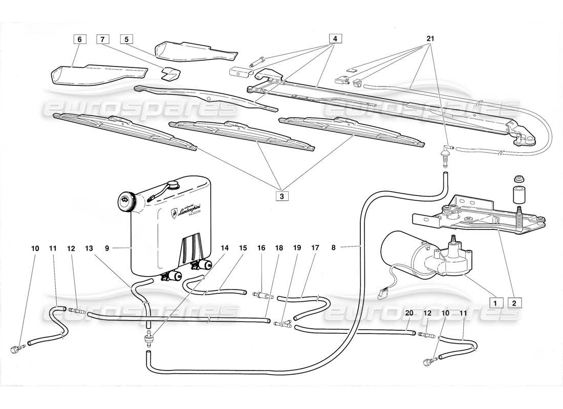 lamborghini diablo (1991) scheibenwischer und scheinwerferwaschanlage (gültig für version juni 1992) teilediagramm