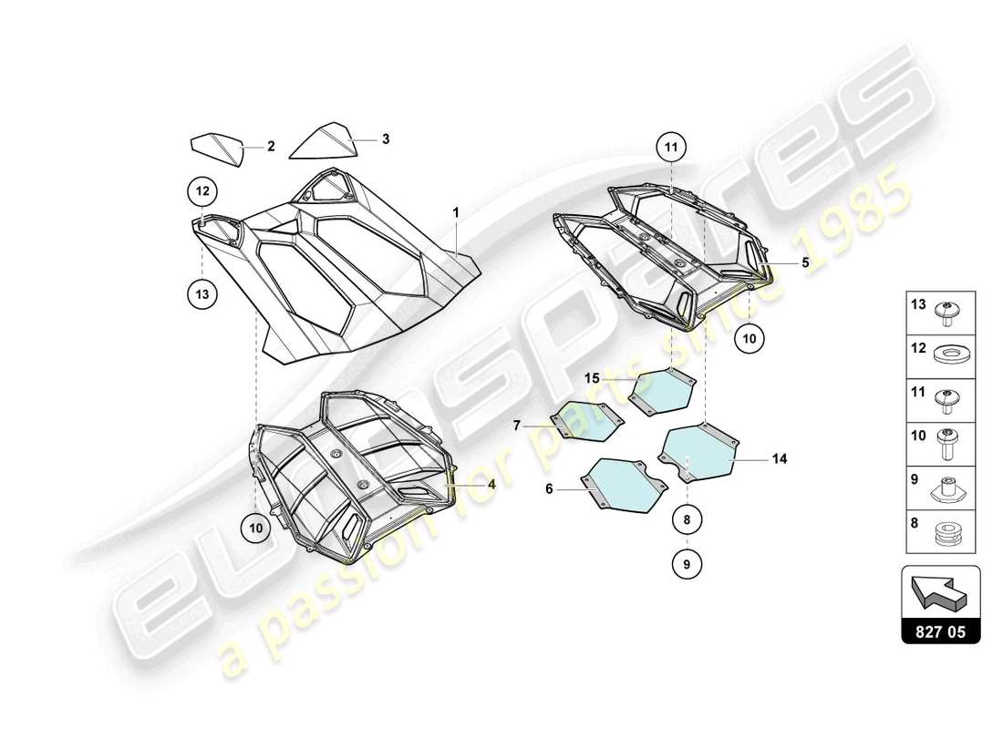 lamborghini lp740-4 s roadster (2021) motorabdeckung mit inspektionsabdeckung ersatzteildiagramm