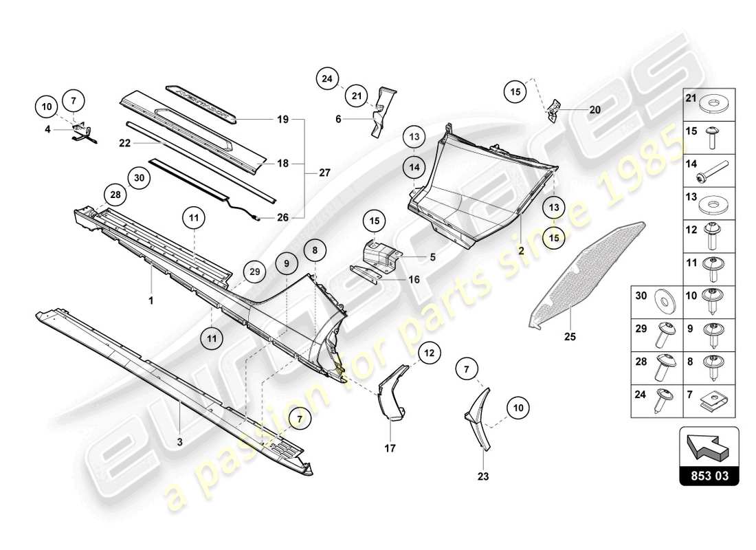 lamborghini lp740-4 s roadster (2021) unteres äußeres seitenteil für radkasten ersatzteildiagramm