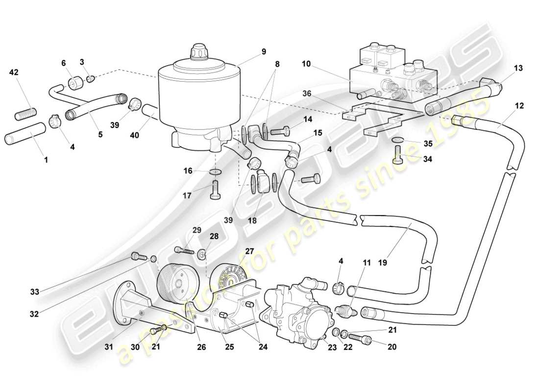 lamborghini murcielago coupe (2005) hydrauliksystem und flüssigkeitsbehälter mit anschlussstücken ersatzteildiagramm