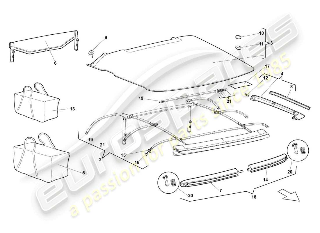 lamborghini murcielago roadster (2005) abdeckung - oben ersatzteildiagramm